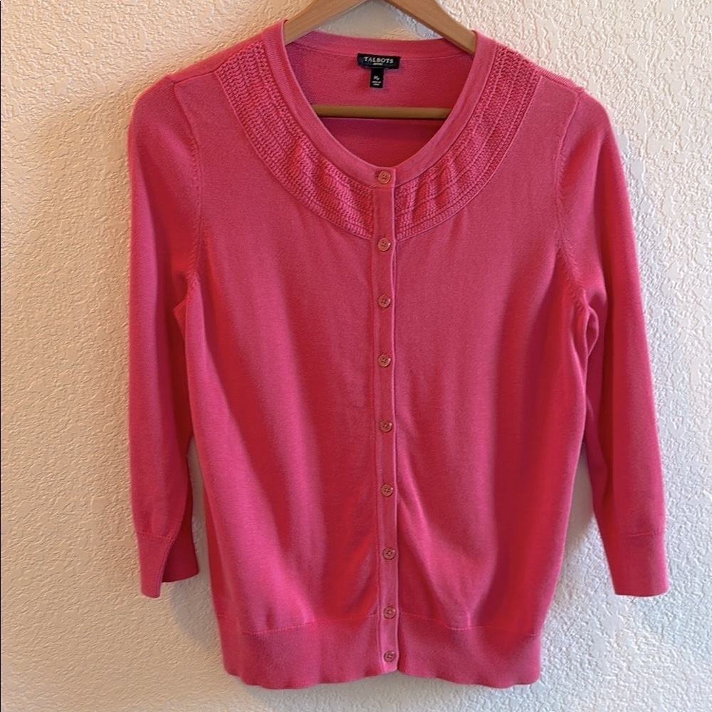 Talbots Cardigan Sweater Pink 3/4 Sleeves Cotton Knit Size MP